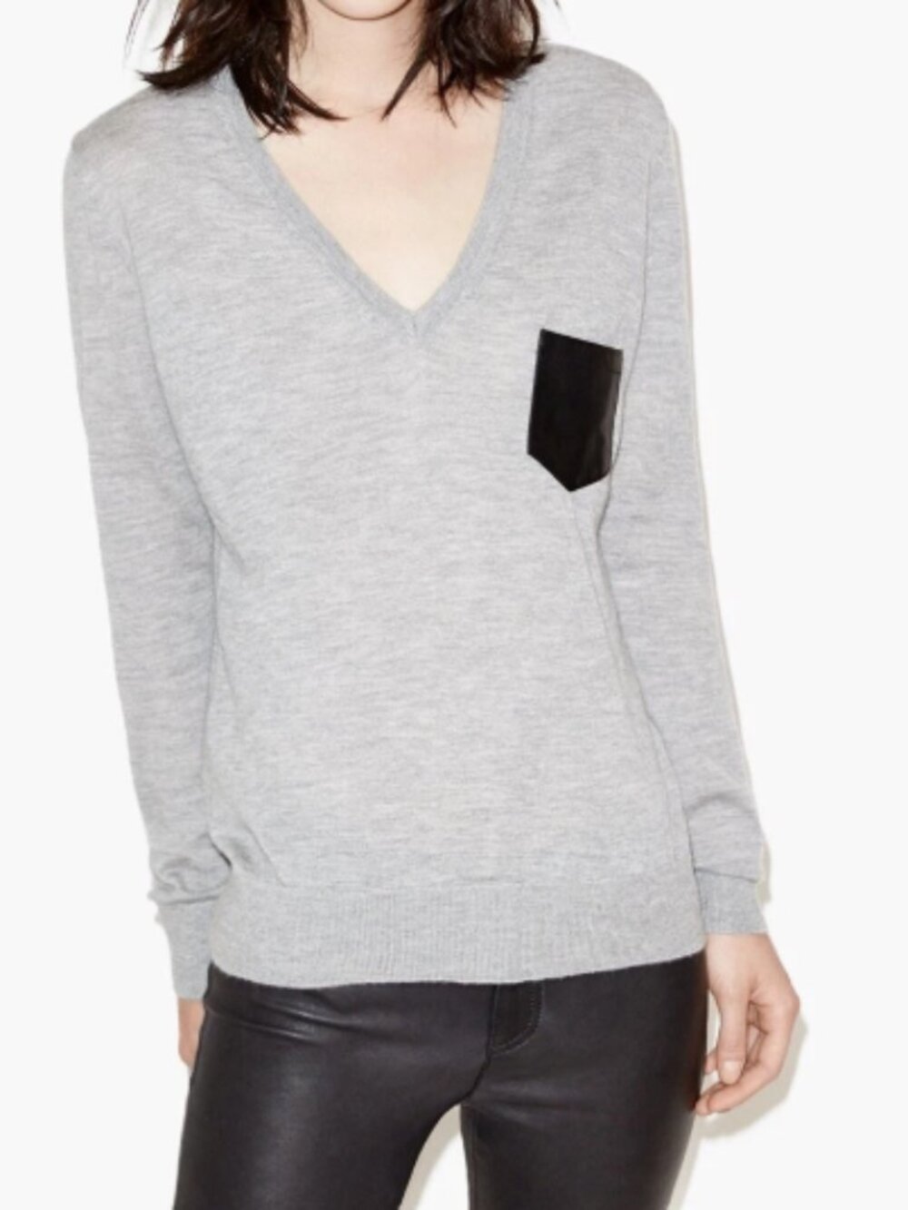 The Kooples Cashmere V-Neck Sweater Gray Womens Size L Leather Pocket Minimalist